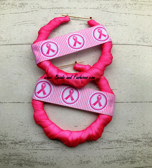 Breast Cancer stripe wrap bamboo hoop earrings #2