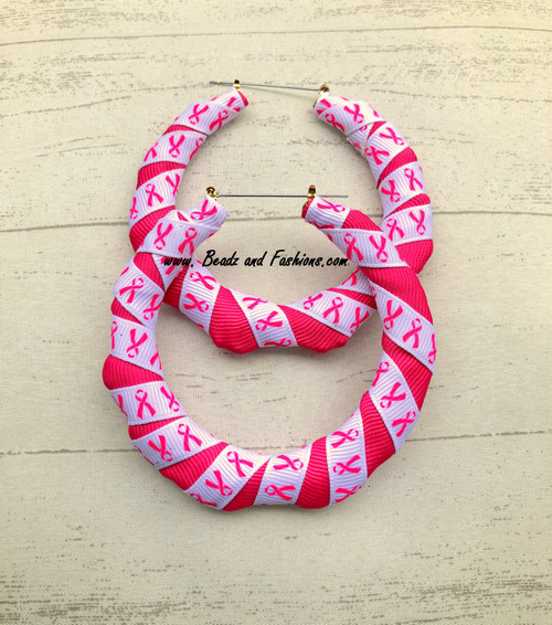 Breast Cancer  wrap bamboo hoops earrings #1