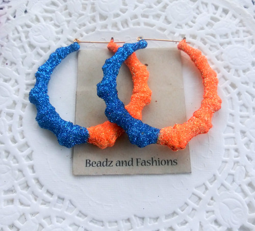 Blue & Orange glitter bamboo  earrings