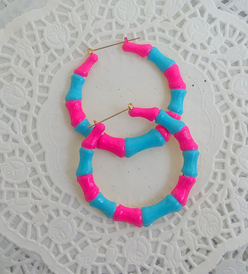 Blue & pink painted bamboo earrings