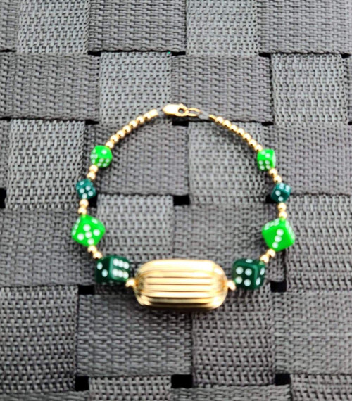 14k gold Chunky Tube two tone green dice bracelet