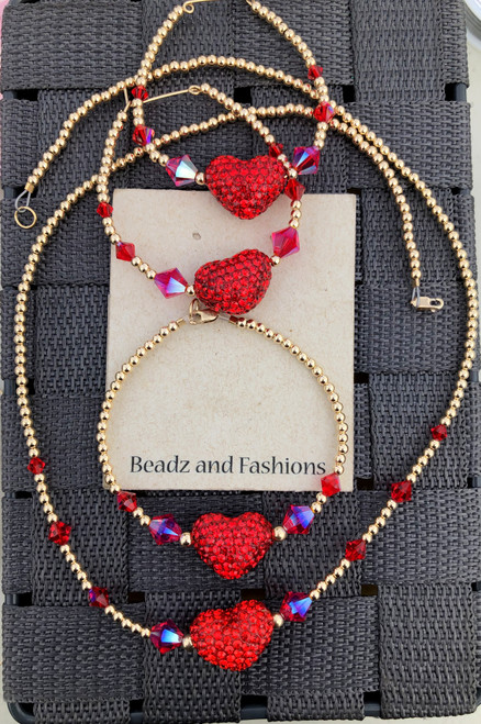 14k gold 3pc Red pave heart set #2