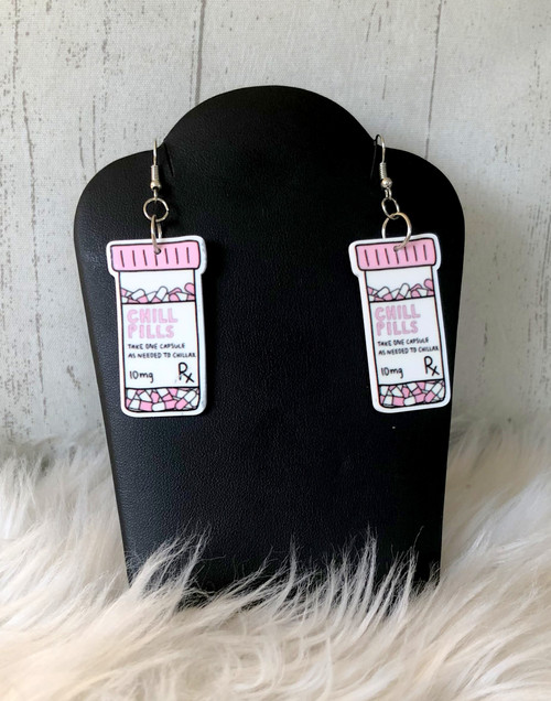 Pink pill bottle dangle earrings