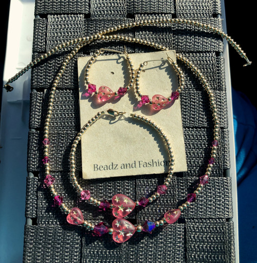 14k gold 3pc  Stardust  heart pink mix necklace set