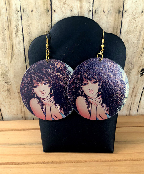 Lady curly hair wood earrings #1