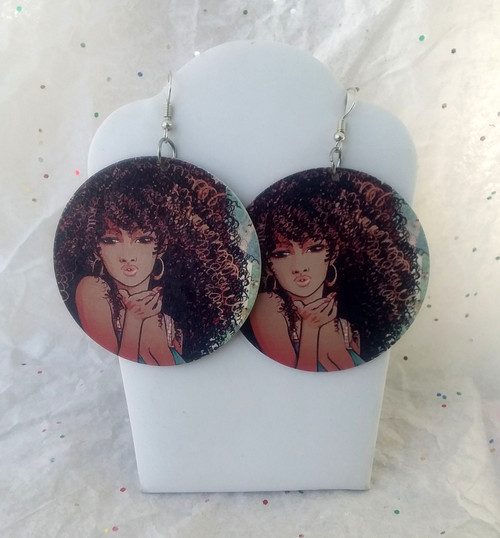 Lady curly hair wood earrings #1