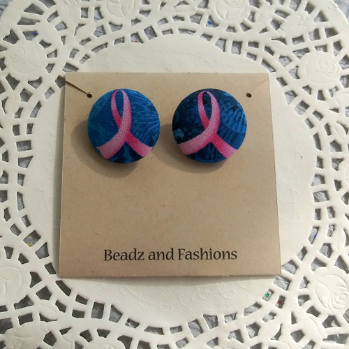 Breast Cancer fabric button earrings blue