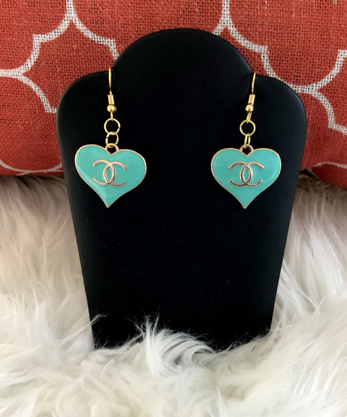 Teal Blue heart dangle earrings.