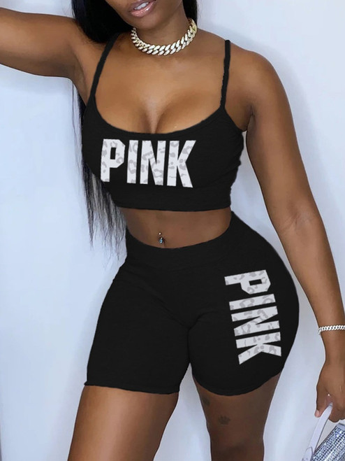 2pc "Pink" black shorts outfit
