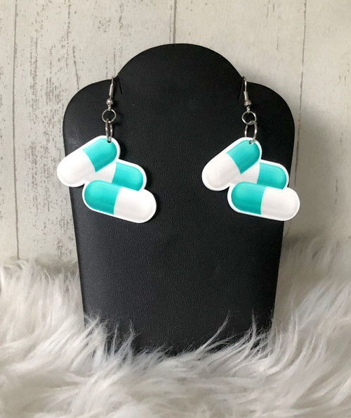 Blue pill bottle dangle earrings