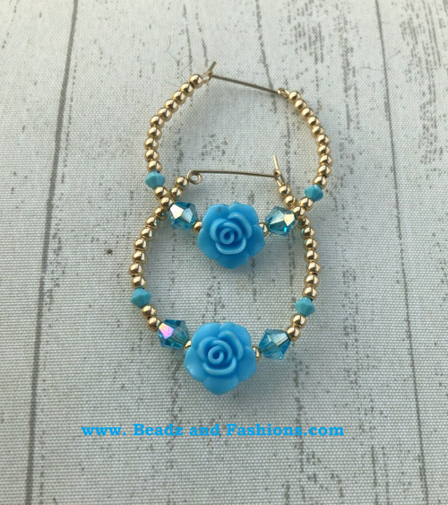 14k gold blue rose hoop earrings