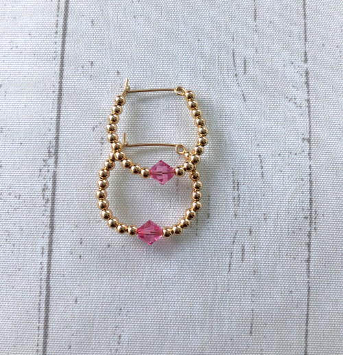 14k gold SMall October pink hoop earrings