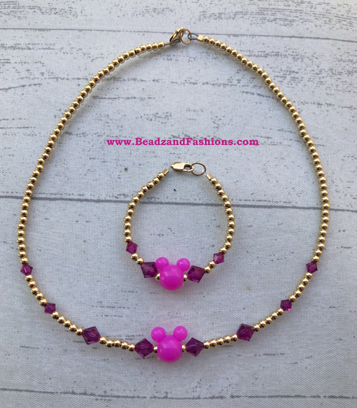 14k gold 2pc Fuschia Mickey mouse necklace