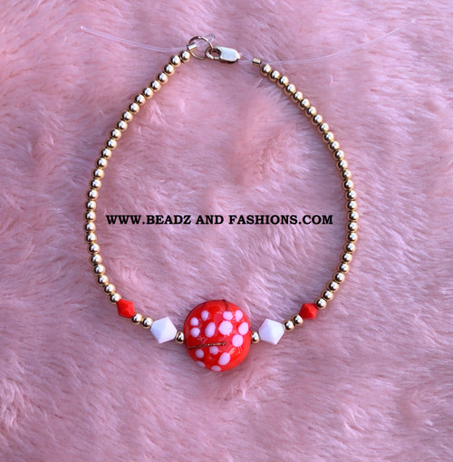 14k gold Red & white speckle bracelet