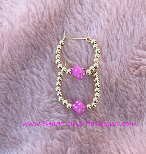 14k gold Pink dice hoop earrings kids