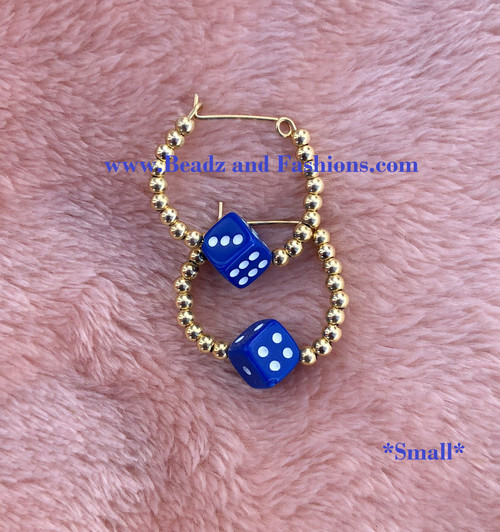 14k gold Small Royal Blue dice hoop earrings