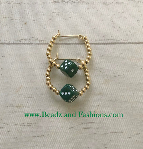14k gold green small dice hoop earrings