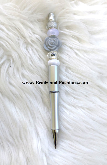 Custom white & gray  rose Beadable pen #2