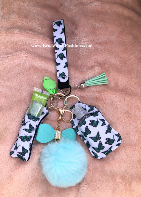 Green Butterfly Lip gloss & hand sanitizer Keychain