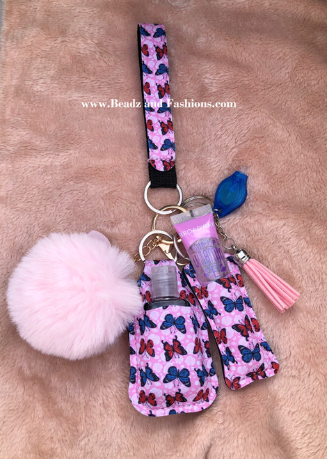 Pink Butterfly Lip gloss & hand sanitizer Keychain