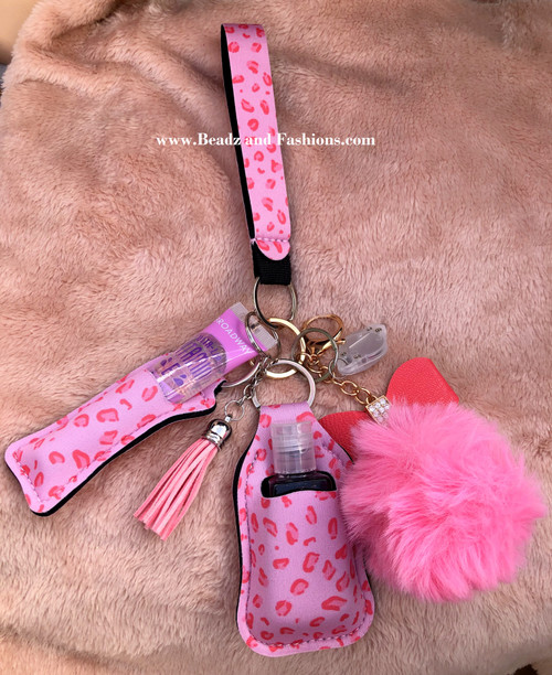 Pink Cheetah print Lip gloss & hand sanitizer Keychain #4