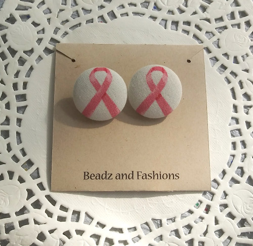 Breast Cancer fabric button earrings white