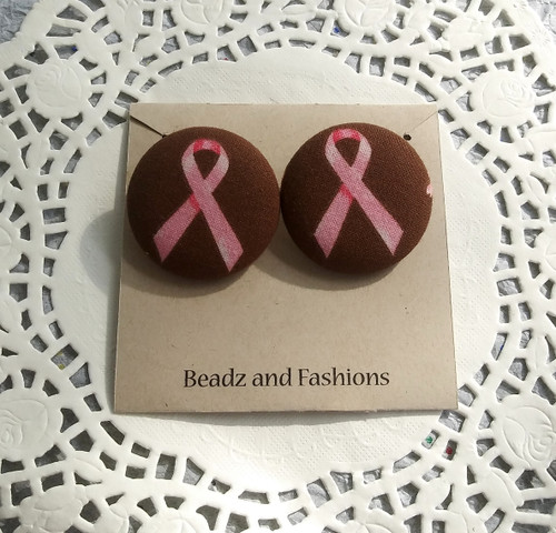 Breast Cancer fabric button earrings brown