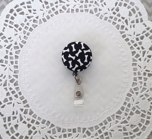 Black bones print fabric badge reel