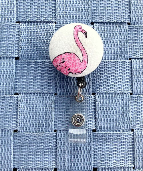 Flamingo print fabric badge reel