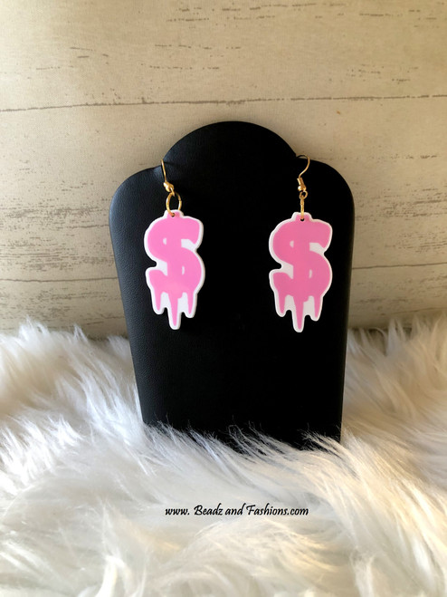 Pink money sign dangle earrings