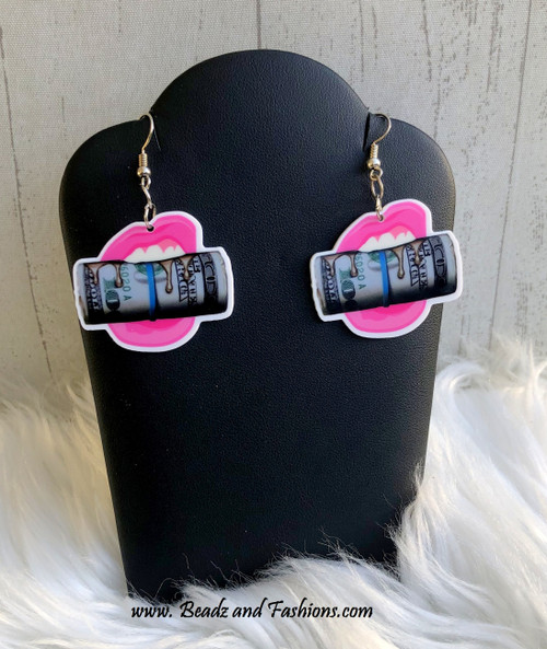 Pink money roll dangle earrings