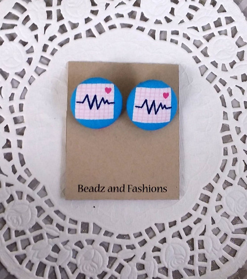 Blue EKG fabric button earrings