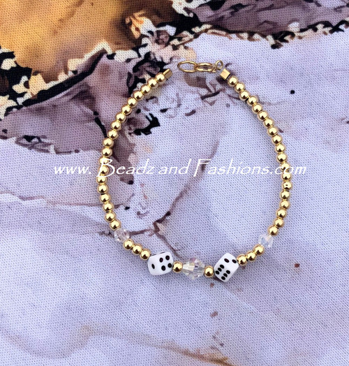 14k gold White dice bracelet kids #2