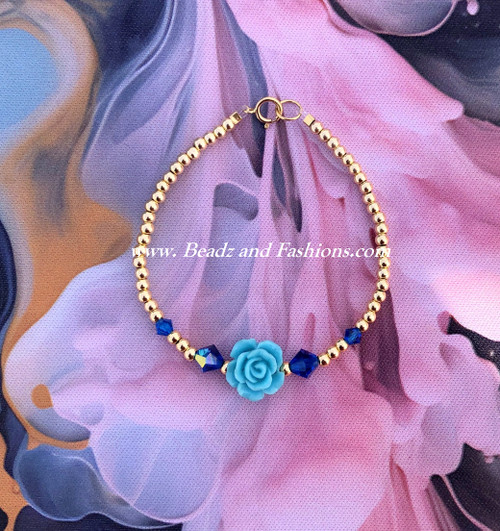 14k gold blue rose bracelet #2