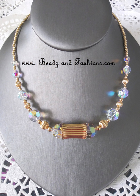 14k gold  Chunky Tunnel & clear necklace
