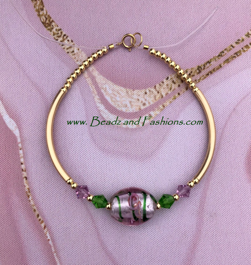 14k gold pink green oval skinny bangle