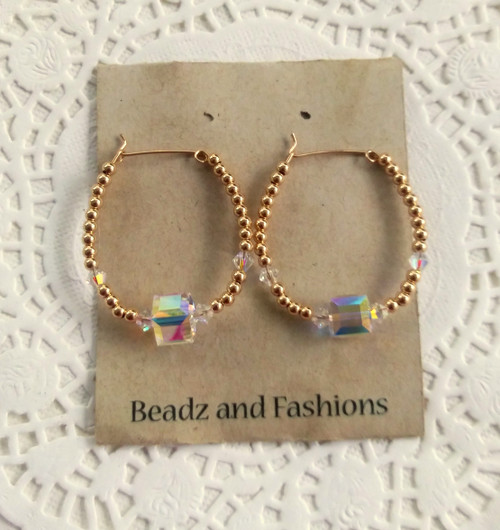 14k gold filled cube crystal hoop earring