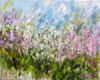 An impressionistic oil painting on canvas of a cluster of flowers by Julia Swartz.
