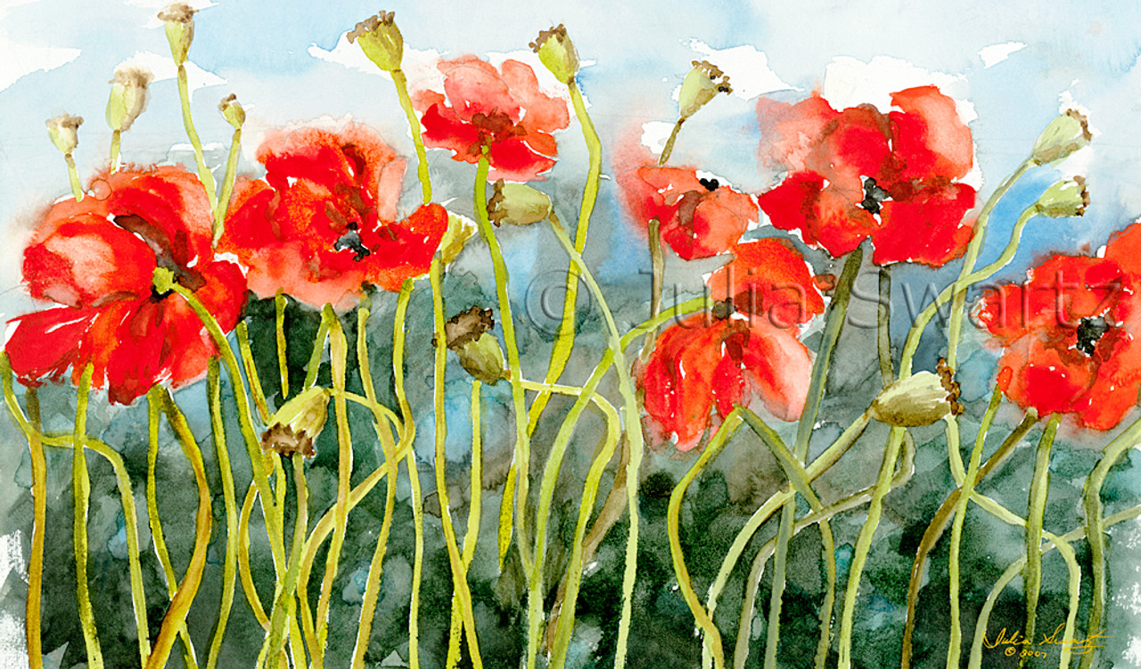 Poppies Row Watercolor Painting