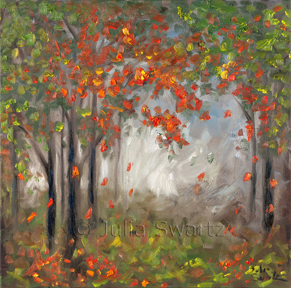 Red Falling Leaves Landscape Trees Oil Painting