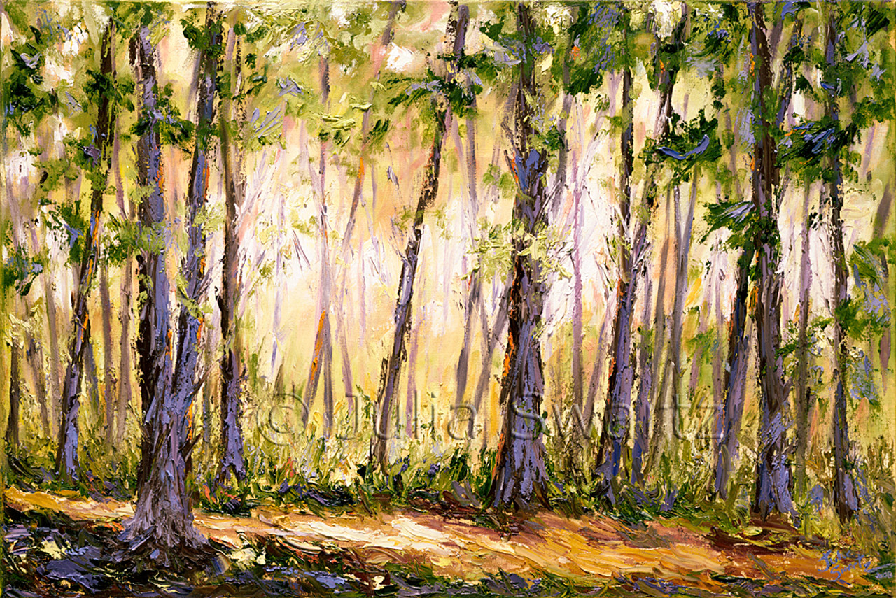Impressionist oil painting landscape birches in the field, signed