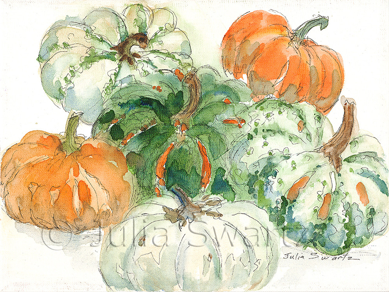 Six Pumpkins Watercolor Painting On Canvas Julia Swartz Art