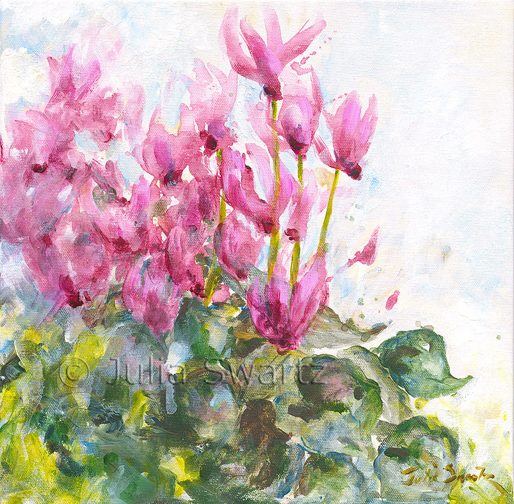 Pink Cyclamen acrylic flower painting - Julia Swartz Art Gallery