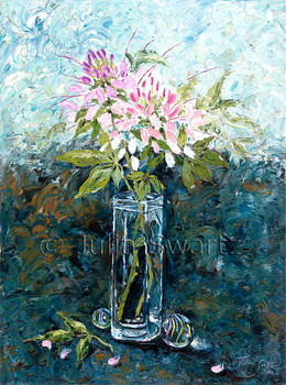 A palette knife oil painting of Cleomes flowers by Julia Swartz