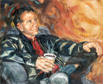 A figure oil painting of a man having a cup of coffee.