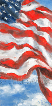 A close up oil painting of the American Flag against the blue sky by Julia Swartz.