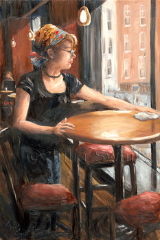 An Oil Painting of clearing tables at Prince St Cafe