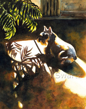 A watercolor painting of a miniature schnauzer lying in the sun by Julia Swartz