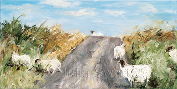 A landscape oil painting of sheep crossing the road in Ireland by Julia Swartz.