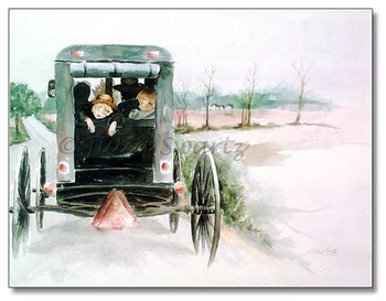 Watercolor painting of an Amish boy sleeping in the back of an Amish buggy painted by Julia Swartz.